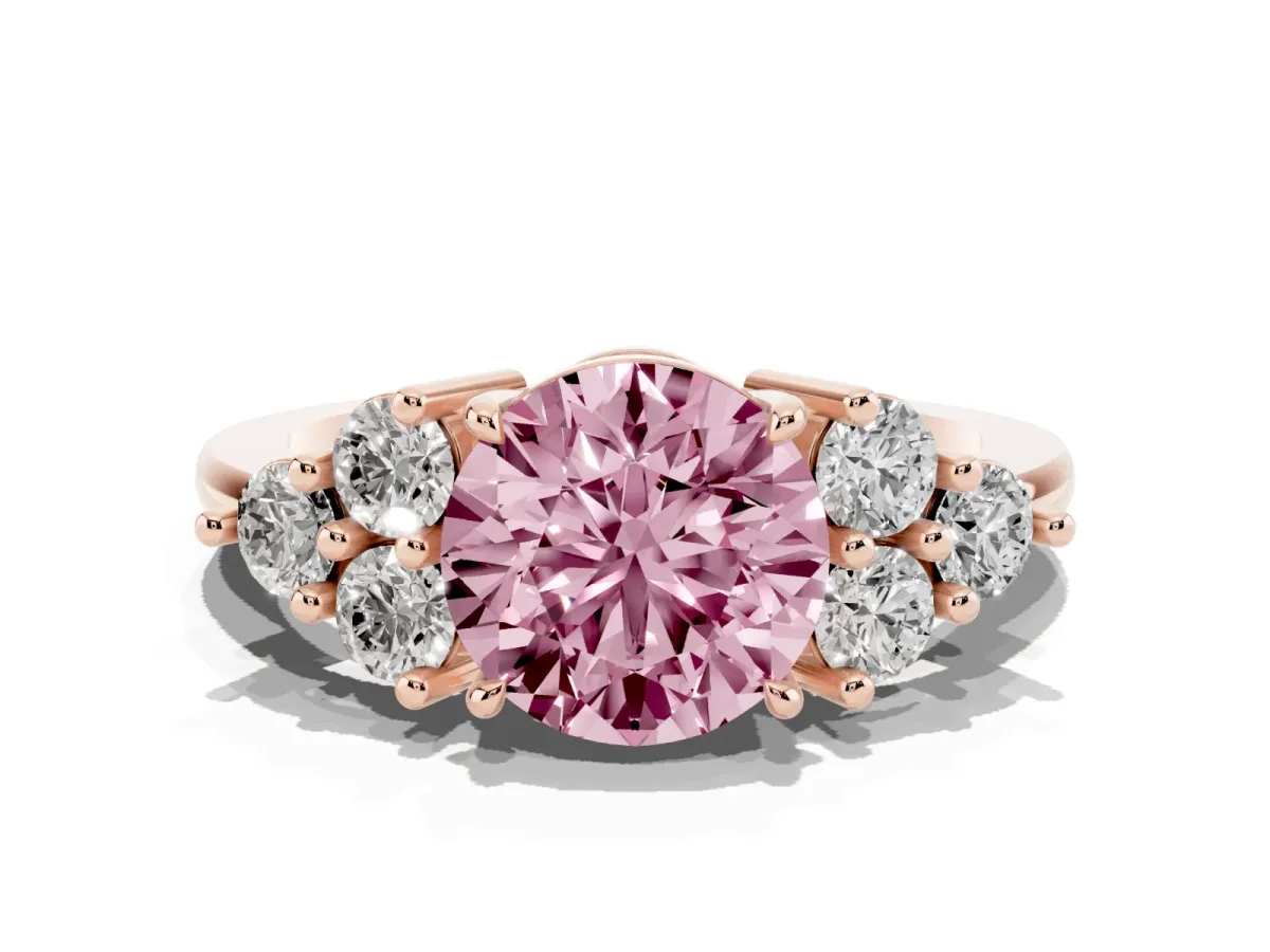 Fancy Pink Round Cut Brilliant Diamond Cluster Accent Solitaire Ring with Prong Setting Rose gold