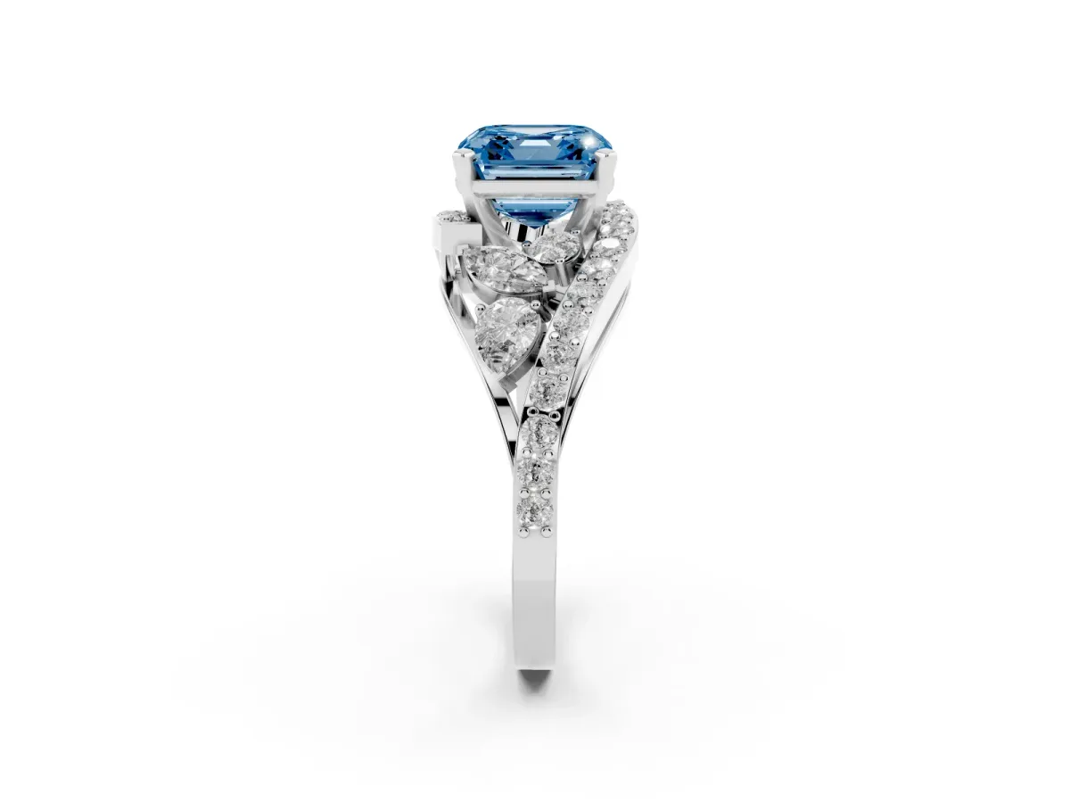 Fancy Blue Asscher Cut Diamond Halo Ring with Marquise and Pavé Band in Prong Setting White gold