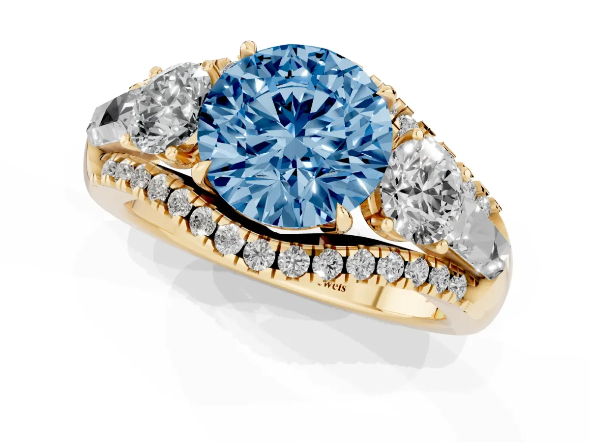 Fancy Blue Three-Stone Round Cut Diamond Engagement Ring with Pave Band and Prong Setting Yellow gold