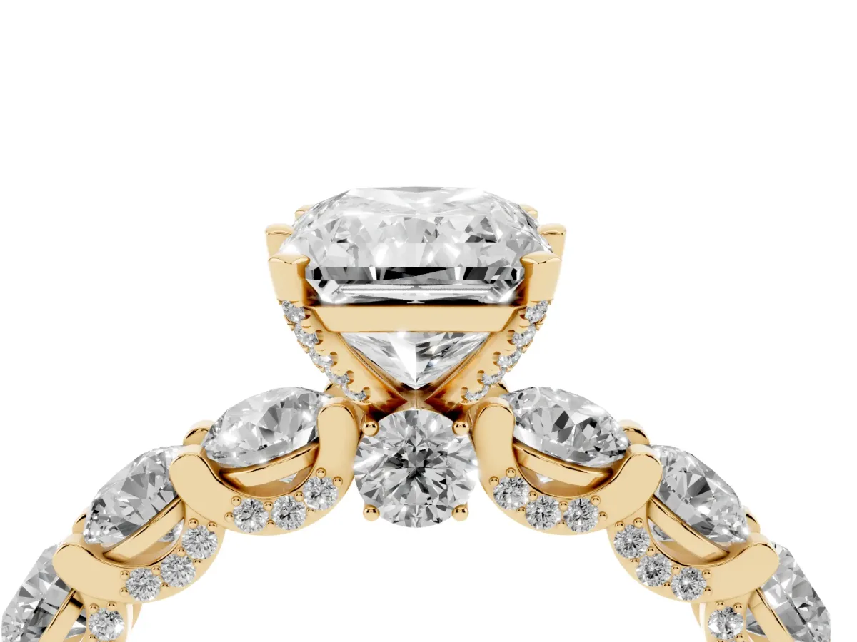 Radiant Cut Diamond Side Stone Engagement Ring with Four-Prong Setting Yellow gold