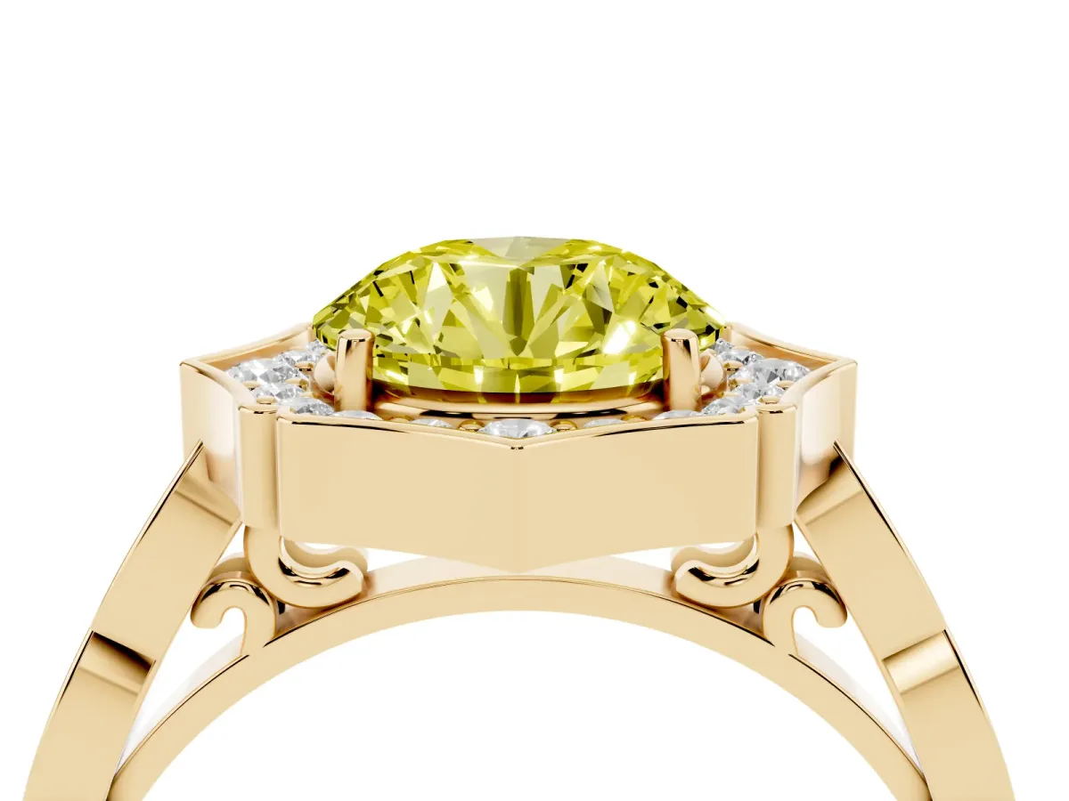 Fancy Yellow Round Cut Halo Diamond Engagement Ring with Milgrain Band and Four-Prong Setting Yellow gold