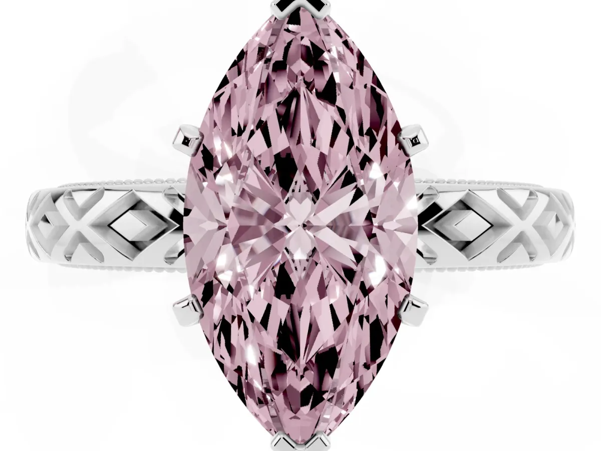 Fancy Pink Marquise Cut Solitaire Diamond Ring with Milgrain and Black Enamel X Pattern Band Silver