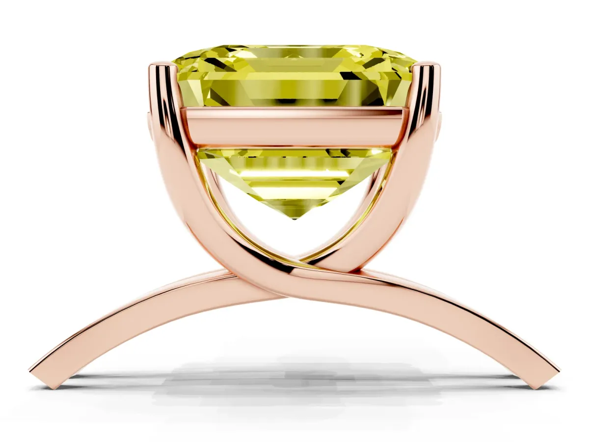 Fancy Yellow Asscher Cut Cut Diamond Solitaire Engagement Ring with Tapered Plain Band and Four-Prong Setting Rose gold