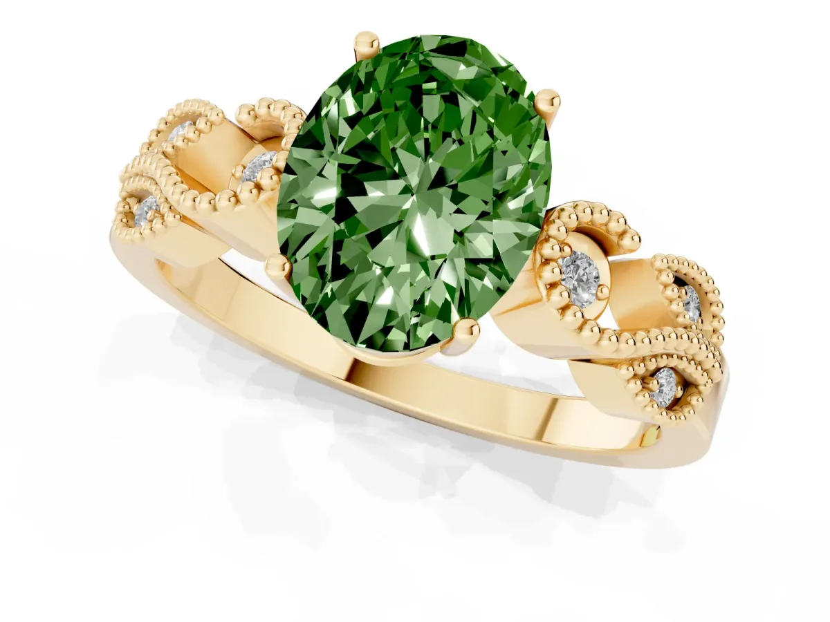 Fancy Green Oval Cut Solitaire Milgrain Leaf Band with Prong Setting Yellow gold