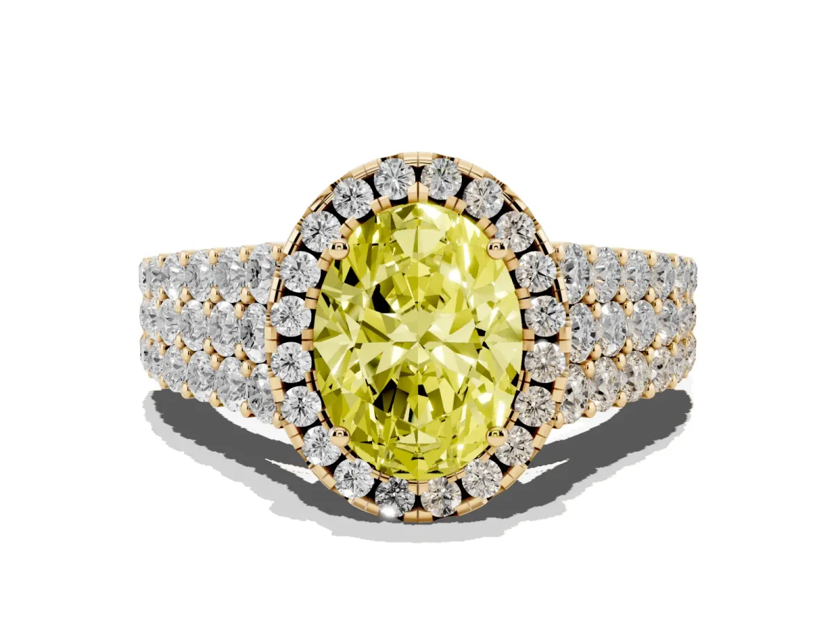 Fancy Yellow Oval Cut Diamond Halo Engagement Ring with Triple Row Round Pavé Band and Prong Setting Yellow gold