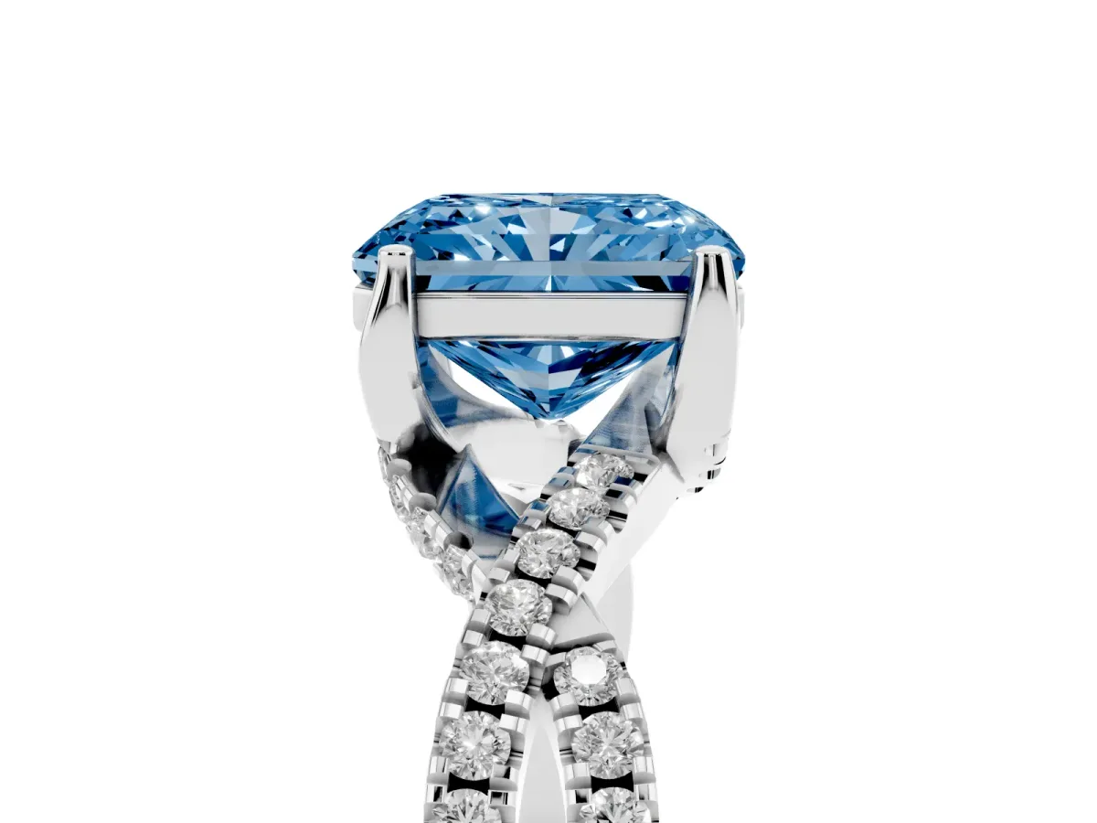 Fancy Blue Radiant Cut Solitaire Twist Pave Diamond Engagement Ring with Prong Setting Silver