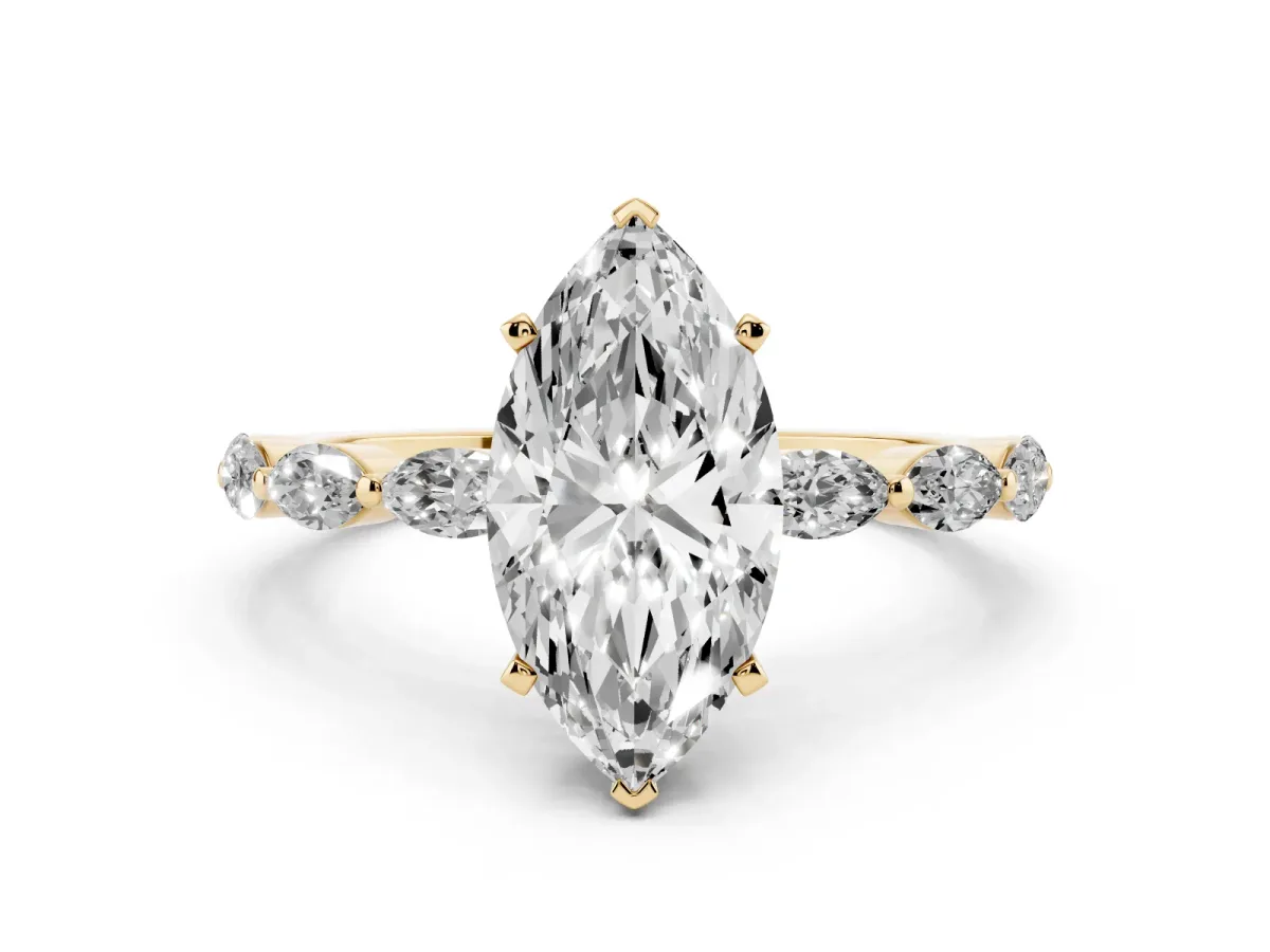 Marquise Cut Diamond Ring with Marquise Side Stones and Prong Setting Yellow gold