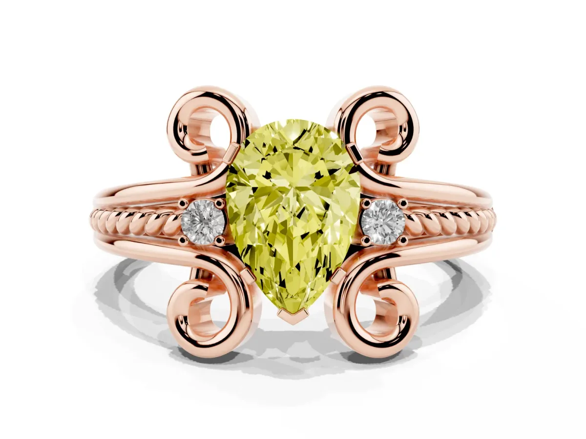 Fancy Yellow Pear Cut Solitaire Twisted Band Scroll Prong Ring Rose gold