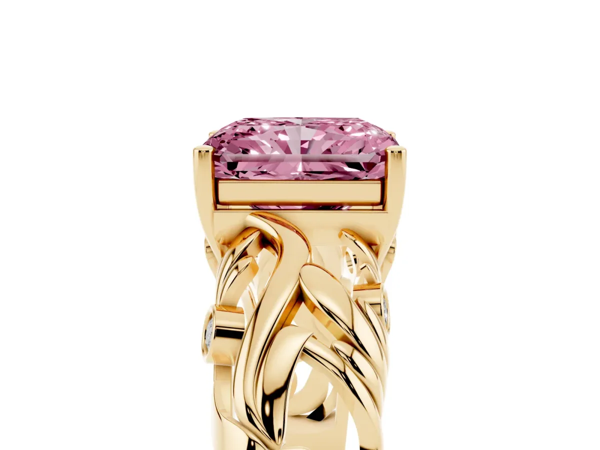 Fancy Pink Radiant Cut Solitaire Diamond Leaf-Inspired Vine Band Ring with Prong Setting Yellow gold