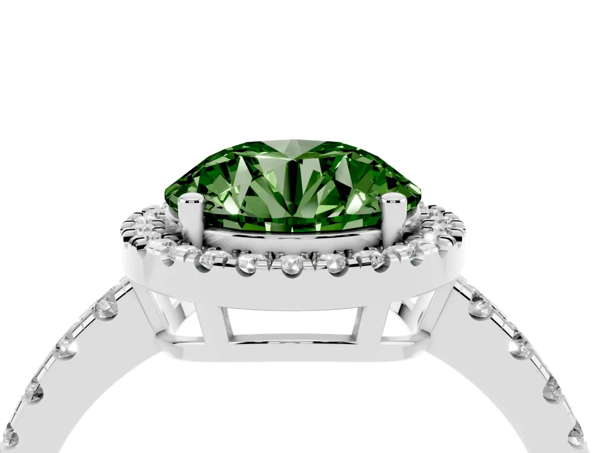Fancy Green Round Cut Diamond Halo Ring with Pavé Band and Four-Prong Setting Silver