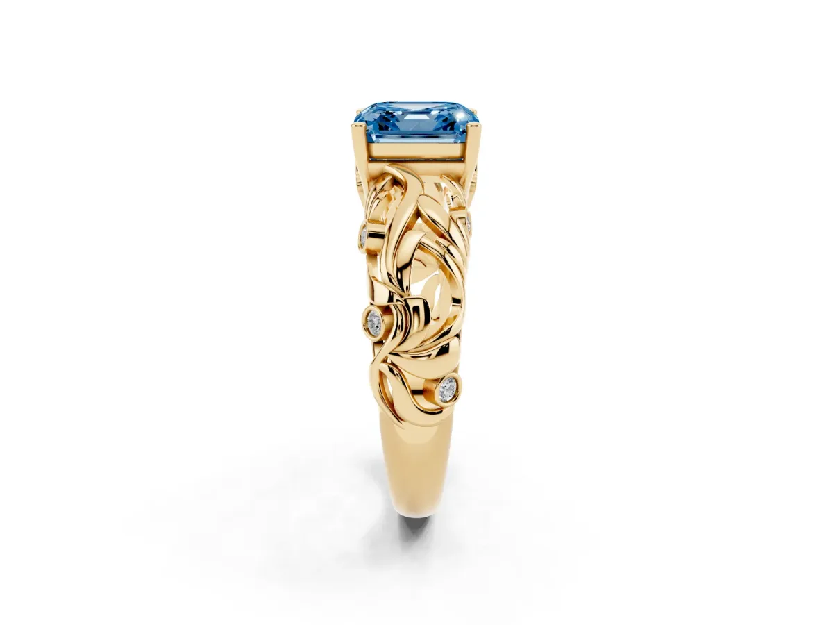 Fancy Blue Asscher Cut Solitaire Diamond Leaf-Inspired Vine Band Ring with Prong Setting Yellow gold