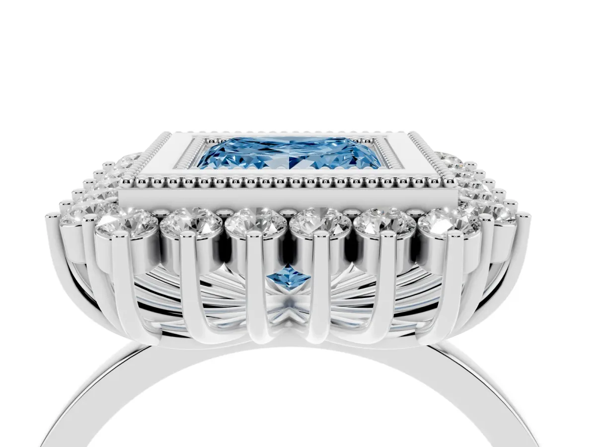 Fancy Blue Princess Cut Halo Diamond Ring with Milgrain Edge and Round Prong Setting Silver