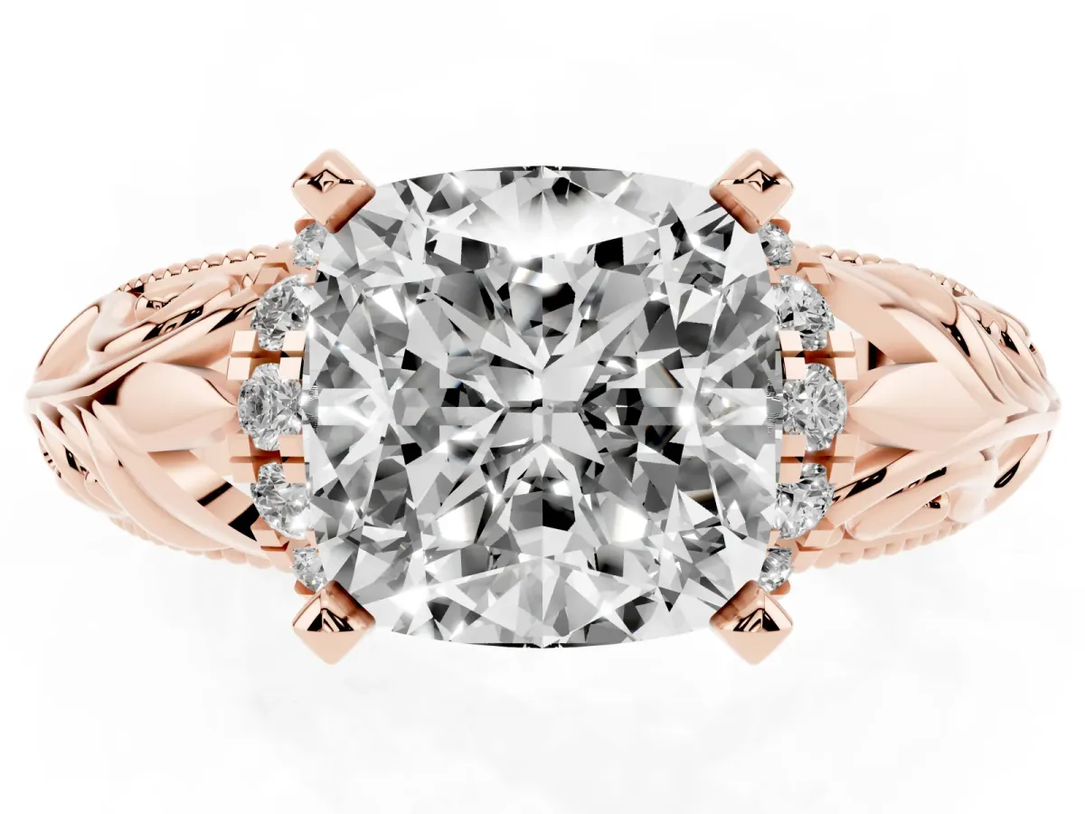 Cushion Cut Solitaire Filigree Engagement Ring with Halo and Prong Setting Rose gold