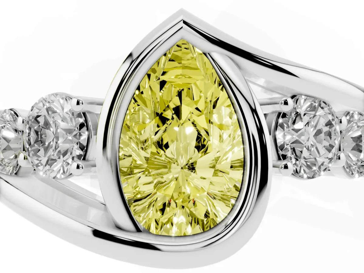 Fancy Yellow Bezel Set Pear Cut Diamond Bypass Ring with Round Accents Silver