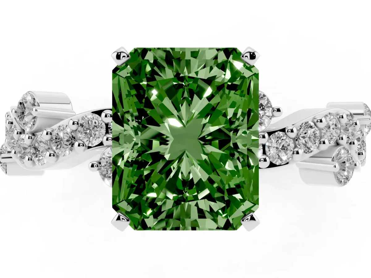 Fancy Green Radiant Cut Cut Solitaire Diamond Twisted Band with Pave Setting Platinum
