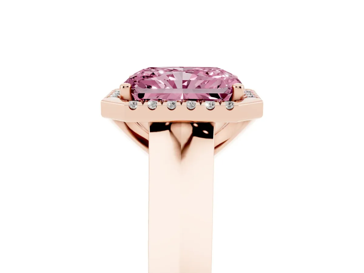 Fancy Pink Radiant Cut Halo Diamond Ring with Cathedral Band and Four-Prong Setting Rose gold