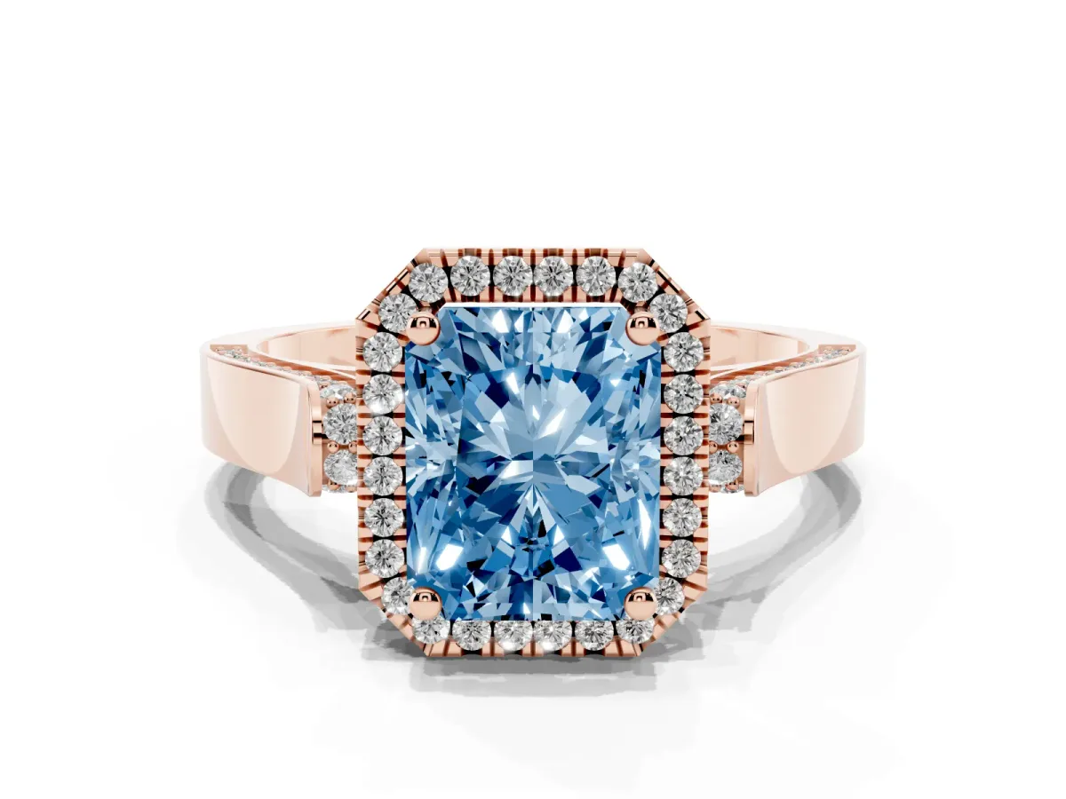 Fancy Blue Radiant Cut Halo Round Diamond Twist Band with Four-Prong Setting Rose gold