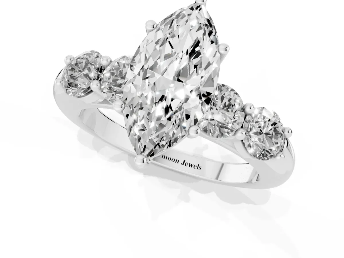 Marquise Cut Cut Five-Stone Prong Set Diamond Ring with Classic Band Platinum