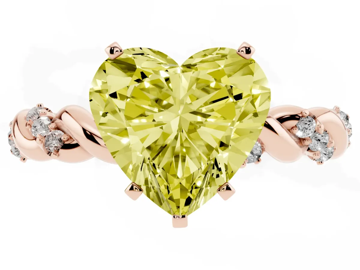 Fancy Yellow Heart Cut Diamond Solitaire Ring with Twisted Band and Pavé Accents Rose gold