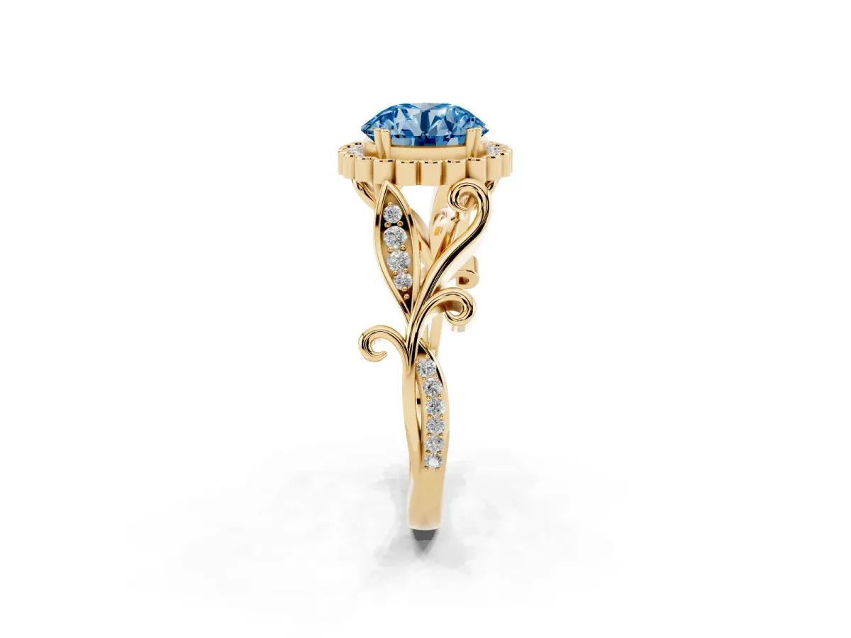 Fancy Blue Round Cut Diamond Halo Ring with Vintage Split Shank and Four-Prong Setting Yellow gold