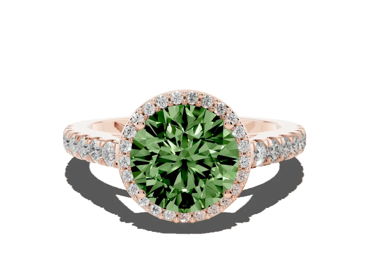 Fancy Green Round Cut Cut Halo Diamond Engagement Ring with Pave Band and Four-Prong Setting Rose gold