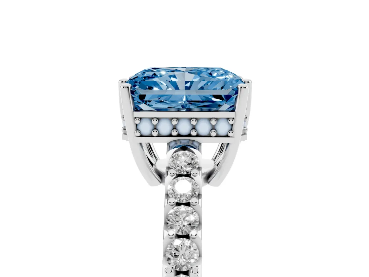 Fancy Blue Radiant Cut Solitaire Diamond Engagement Ring with Pavé Band and Six-Prong Setting Silver