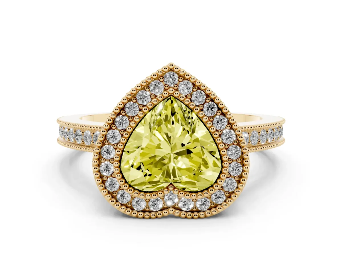 Fancy Yellow Heart Cut Cut Halo Diamond Ring with Pavé Band and Milgrain Prong Setting Yellow gold