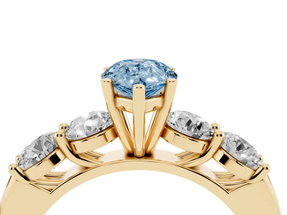 Fancy Blue Pear Cut Cut Five-Stone Prong Set Diamond Ring with Classic Band Yellow gold