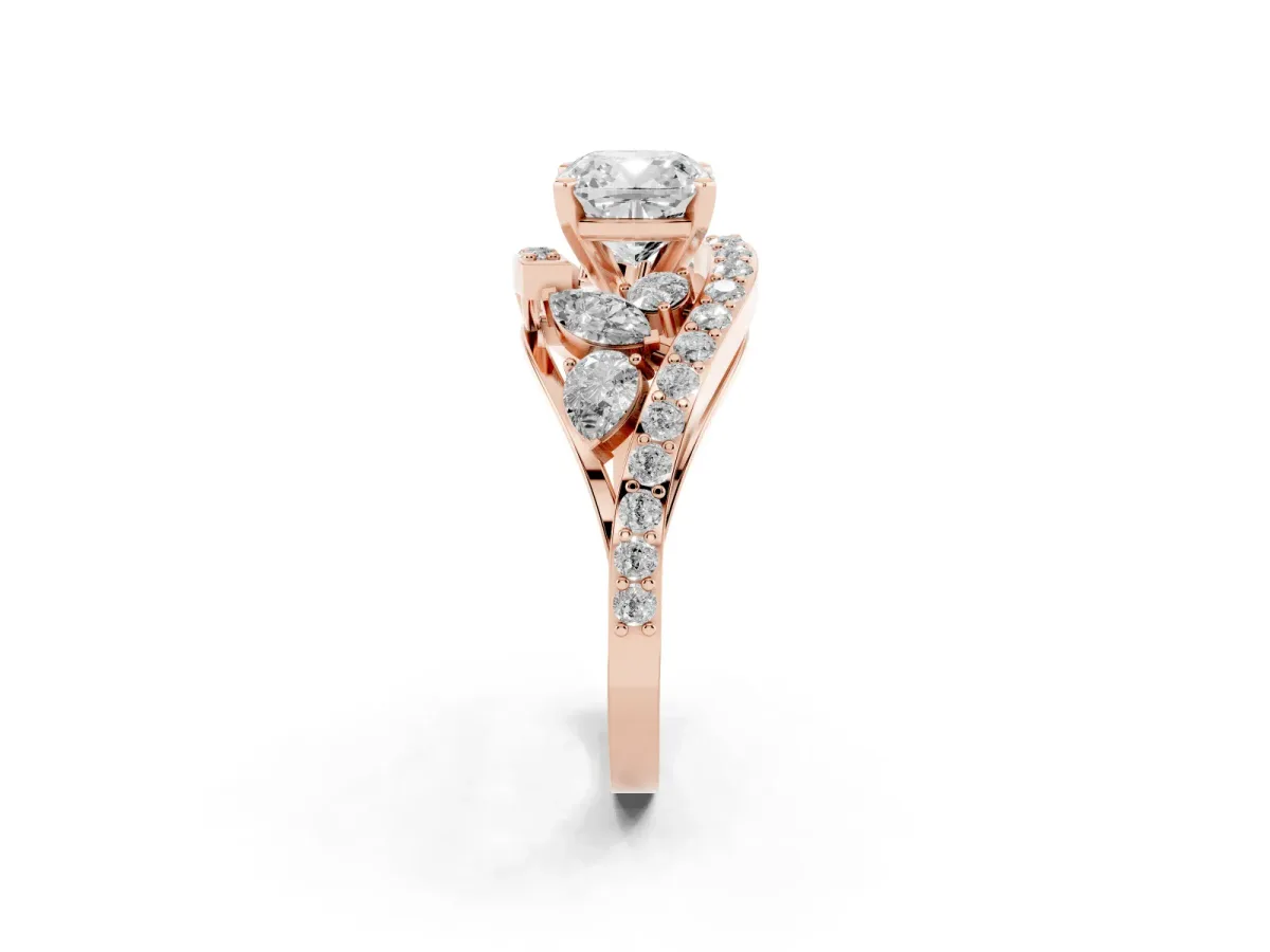 Cushion Cut Diamond Halo Ring with Marquise and Pavé Band in Prong Setting Rose gold