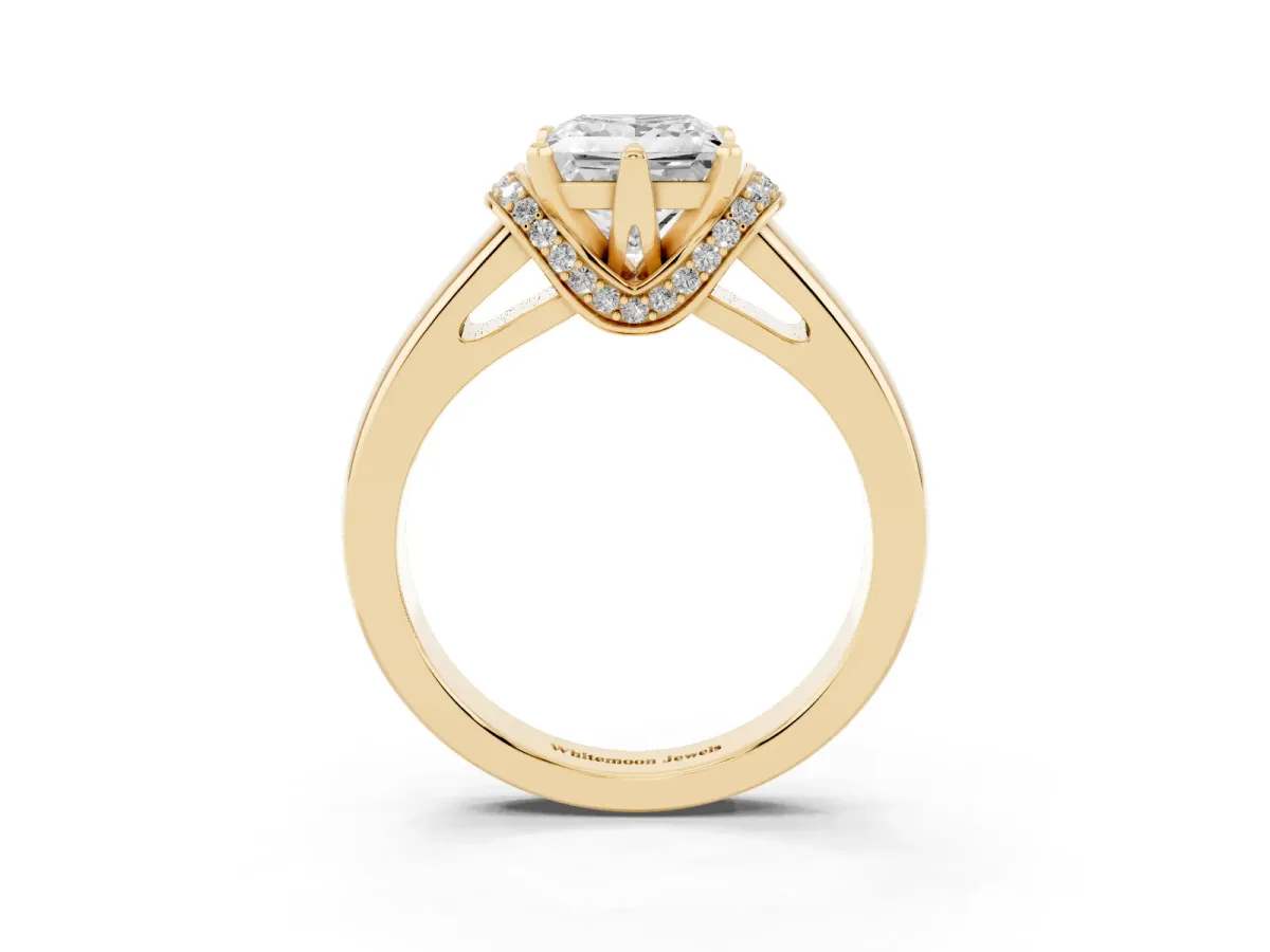 Princess Cut Solitaire Diamond Ring with Pave Band and Six-Prong Setting Yellow gold