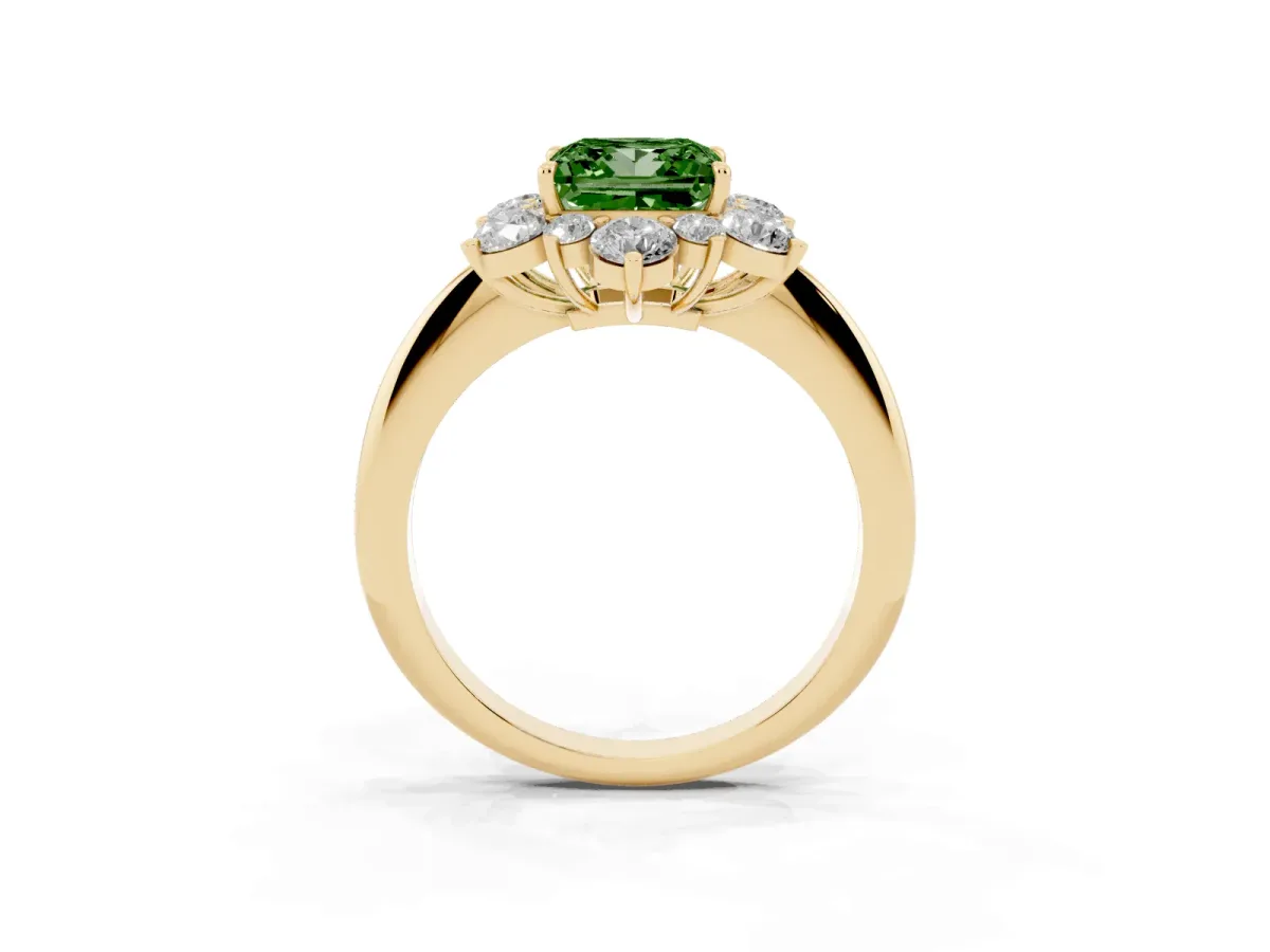Fancy Green Princess Cut Diamond Cluster Halo Ring with Solitaire Band and Four-Prong Setting Yellow gold
