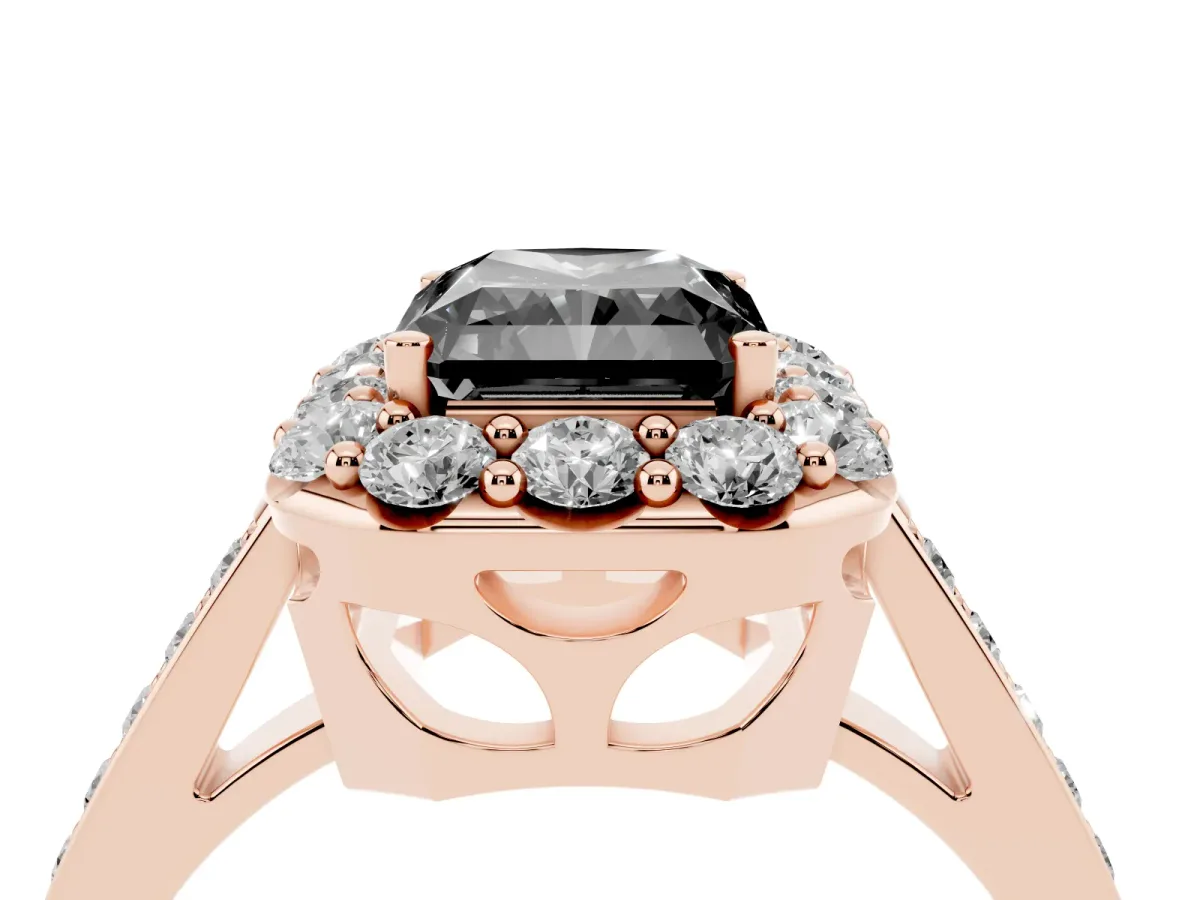 Fancy Black Radiant Cut Diamond Floral Halo Ring with Pavé Band and Prong Setting Rose gold