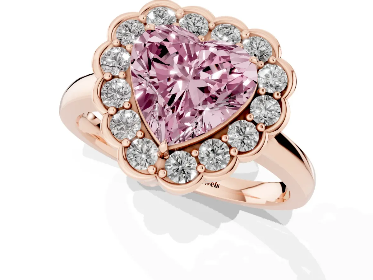 Fancy Pink Heart Cut Halo Cluster Diamond Engagement Ring with Solitaire Band and Prong Setting Rose gold