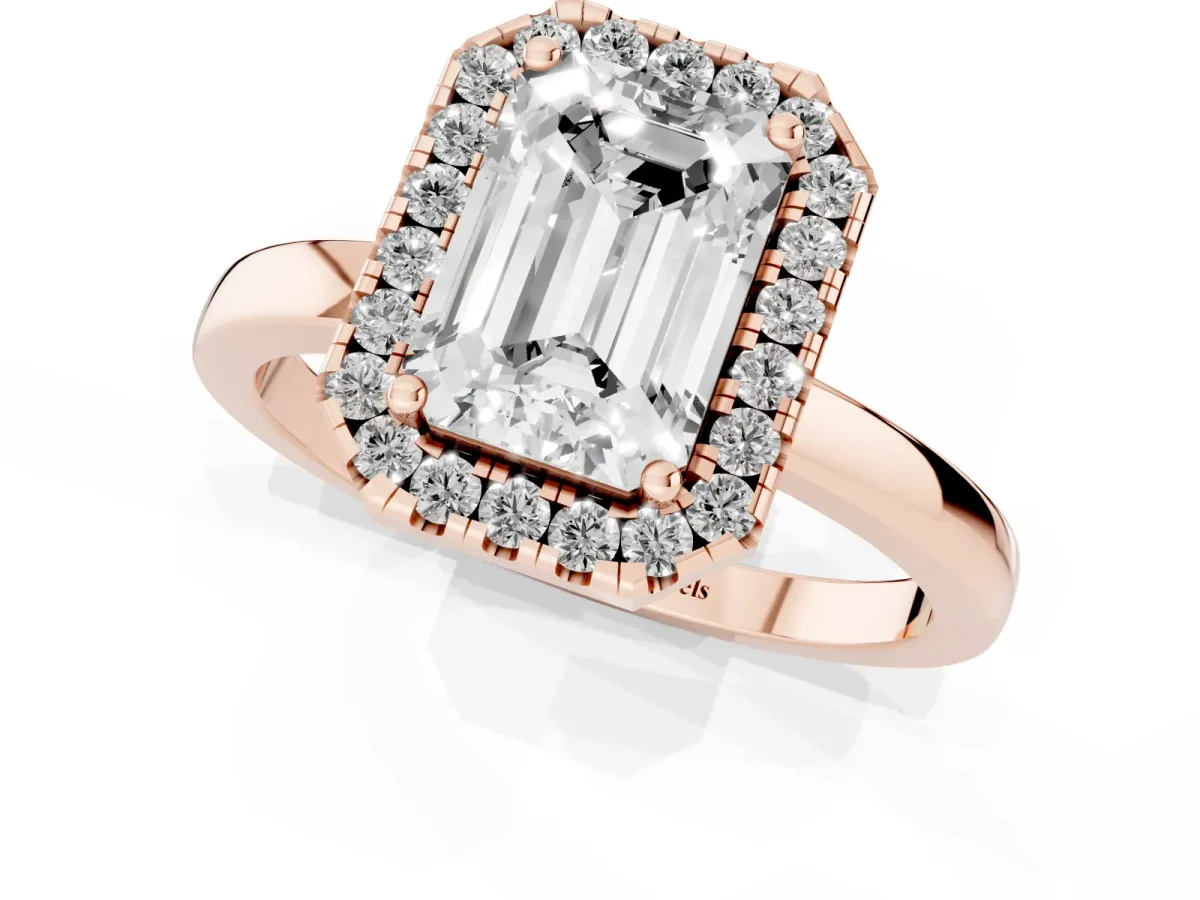 Emerald Cut Halo Diamond Solitaire with Pavé Band and Four-Prong Setting Rose gold