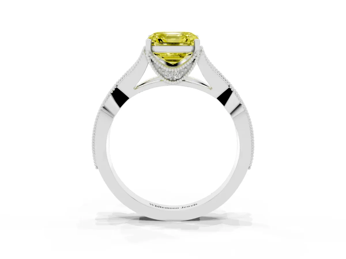 Fancy Yellow Asscher Cut Cut Diamond Twisted Band with Milgrain Pave Setting and Four-Prong Setting Silver
