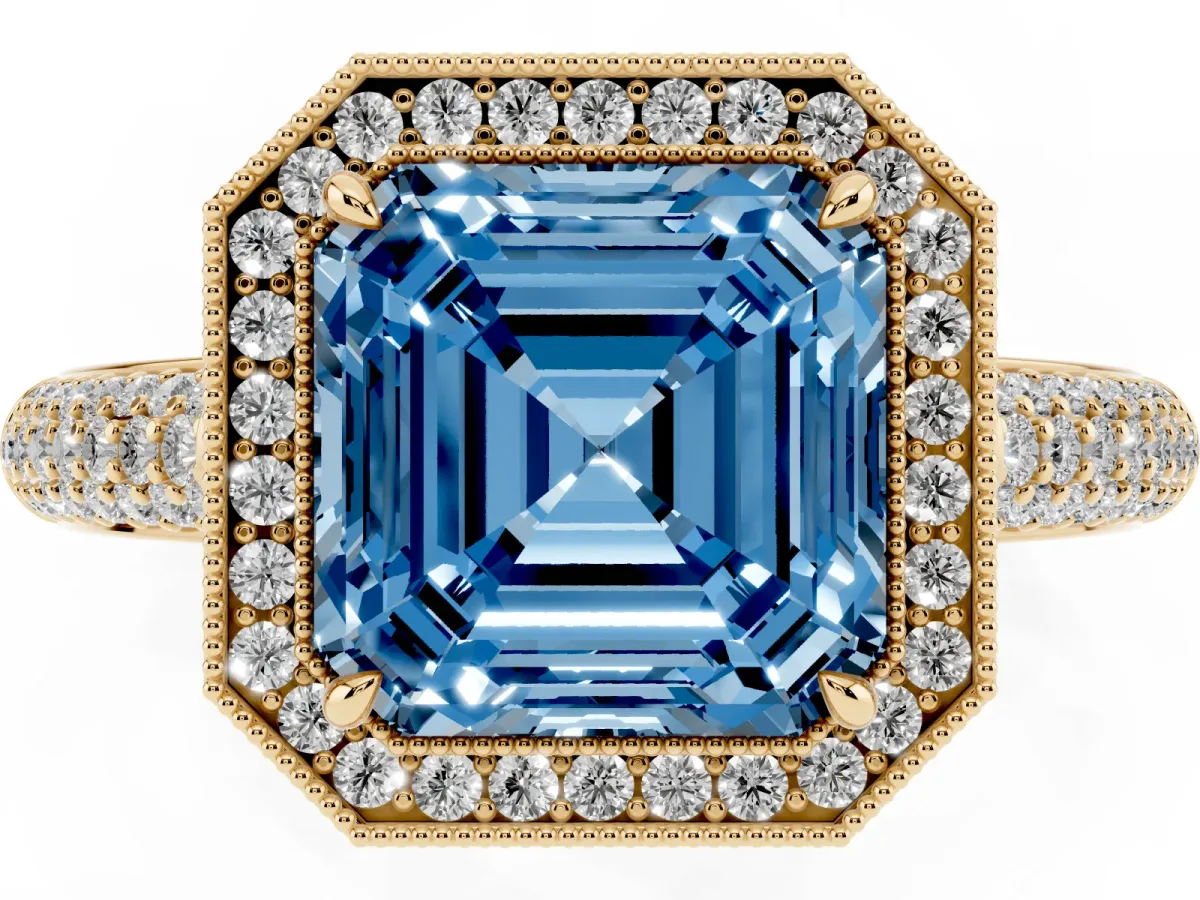 Fancy Blue Asscher Cut Cut Halo Diamond Pave Band with Four-Prong Setting Yellow gold