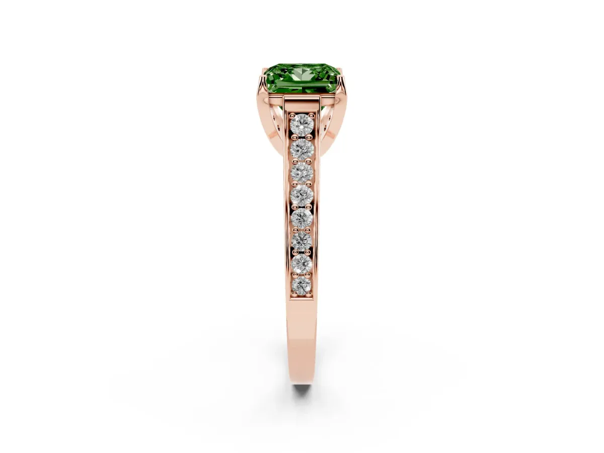 Fancy Green Princess Cut Brilliant Cut Diamond Engagement Ring with Pavé Band and Four-Prong Setting Rose gold