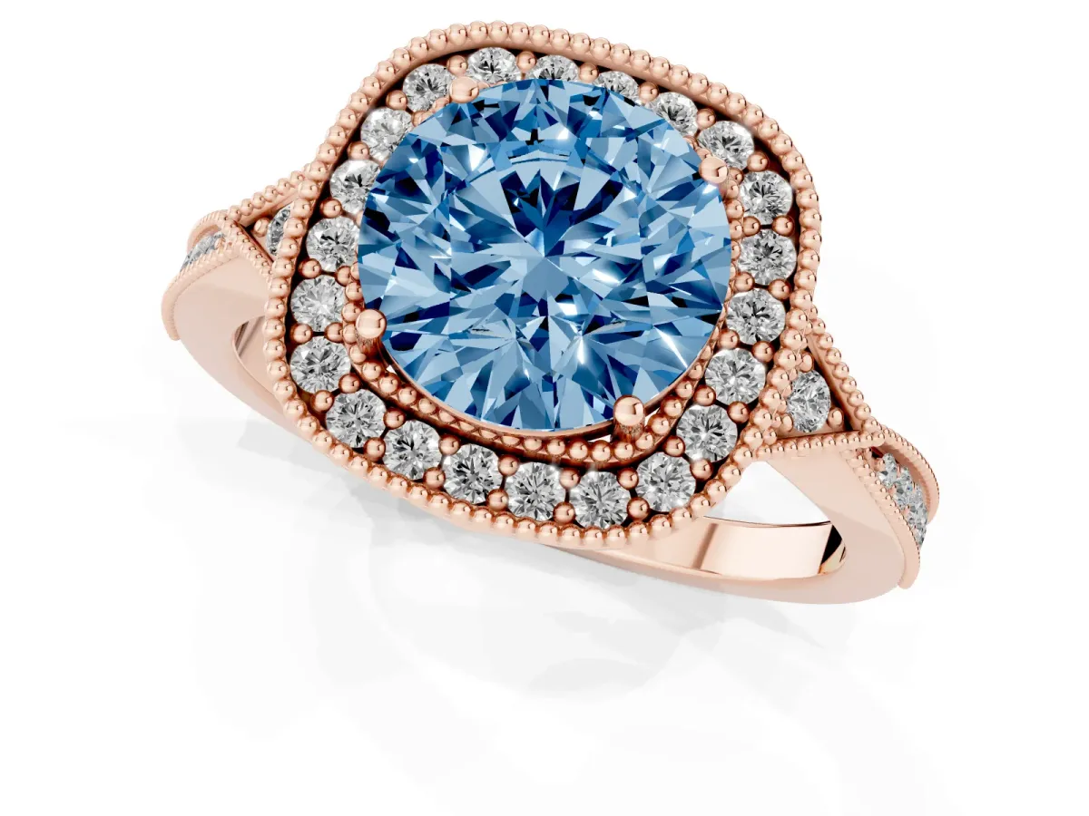 Fancy Blue Round Cut Halo Round Diamond Milgrain Pave Engagement Ring Rose gold