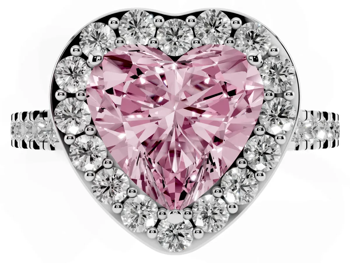 Fancy Pink Heart Cut Diamond Halo Ring with Round Pavé Split Shank and Prong Setting Silver