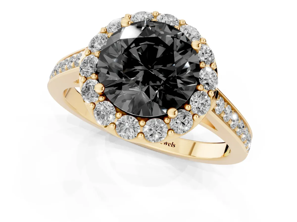 Fancy Black Round Cut Diamond Floral Halo Ring with Pavé Band and Prong Setting Yellow gold