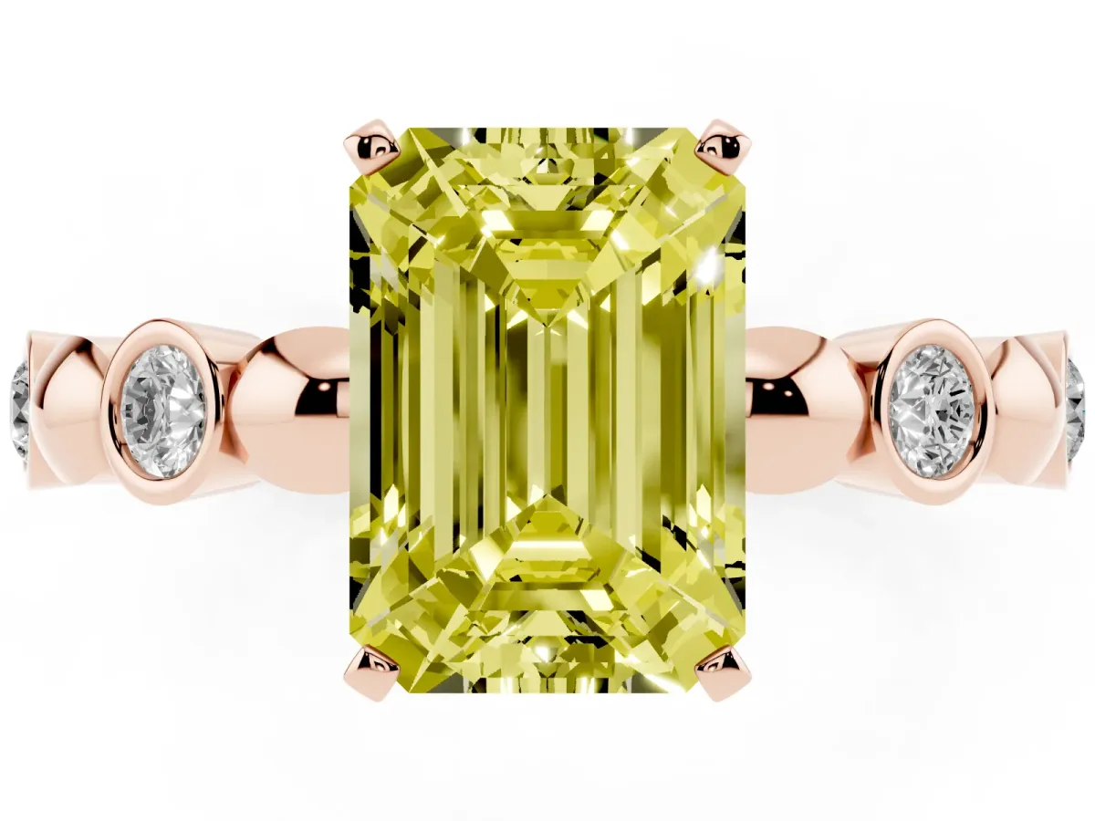 Fancy Yellow Emerald Cut Solitaire Bezel-Set Diamond Ring with Beaded Band and Four-Prong Setting Rose gold