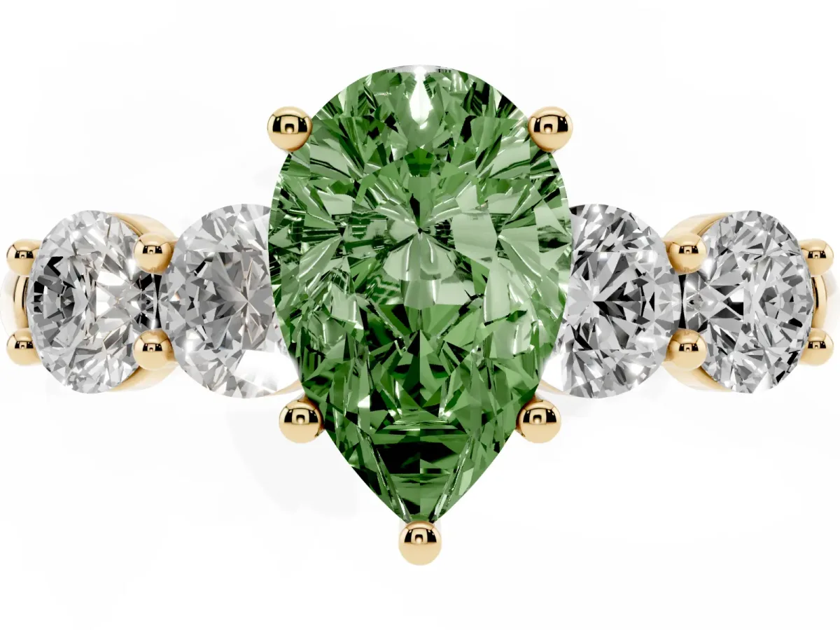 Fancy Green Pear Cut Cut Five-Stone Prong Set Diamond Ring with Classic Band Yellow gold