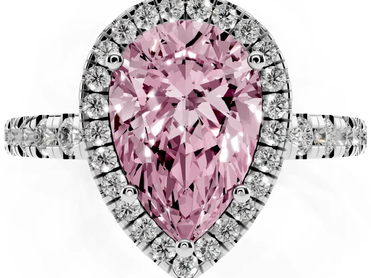Fancy Pink Pear Cut Diamond Halo Ring with Pavé Band and Four-Prong Setting Platinum