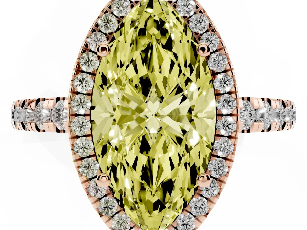 Fancy Yellow Marquise Cut Diamond Halo Ring with Pavé Band and Four-Prong Setting Rose gold