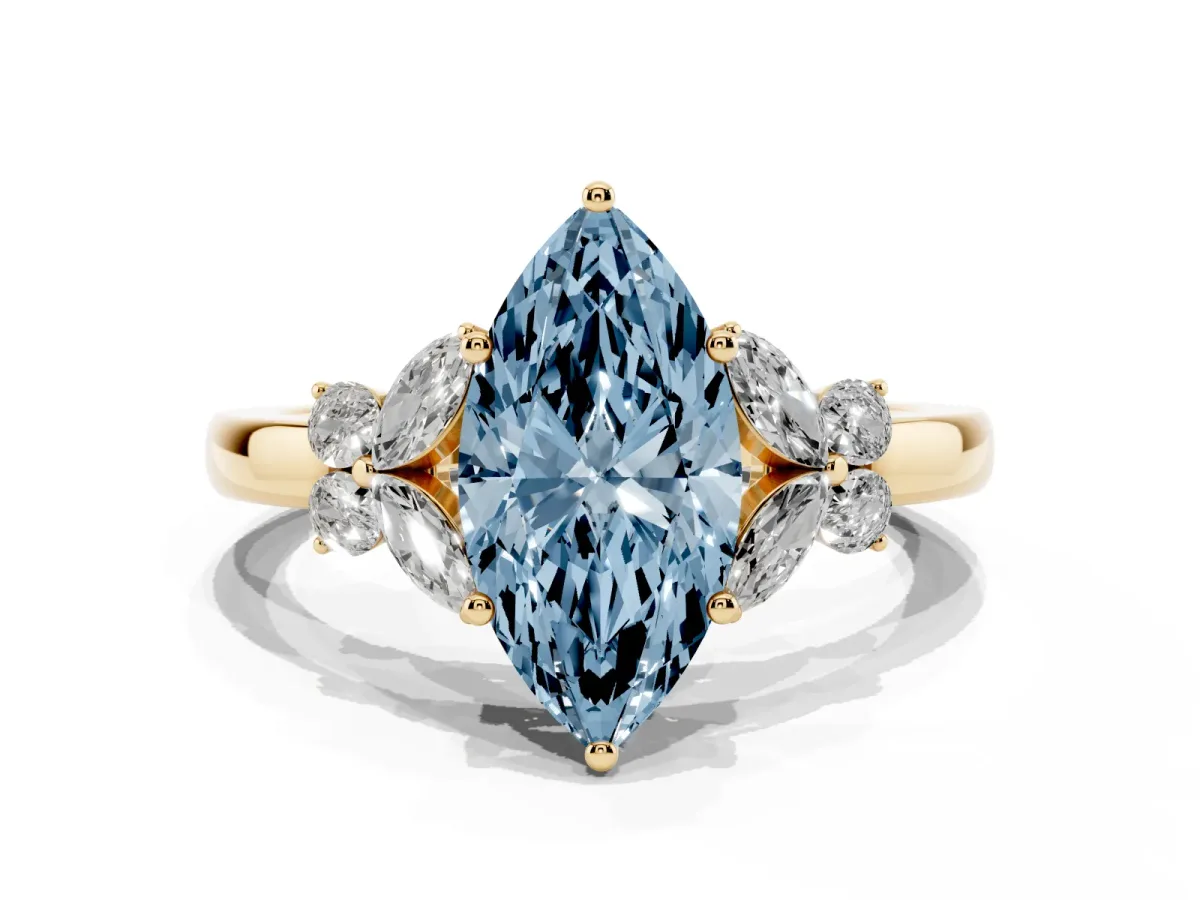 Fancy Blue Marquise Cut Cut Solitaire Floral Diamond Ring with Four-Prong Setting Yellow gold