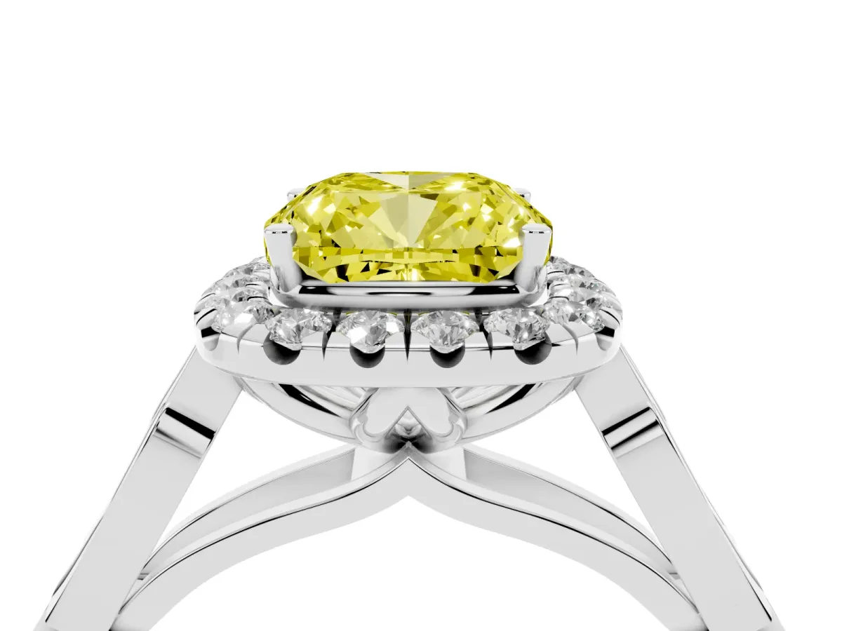 Fancy Yellow Cushion Cut Halo Diamond Engagement Ring with Filigree Band and Four-Prong Setting White gold
