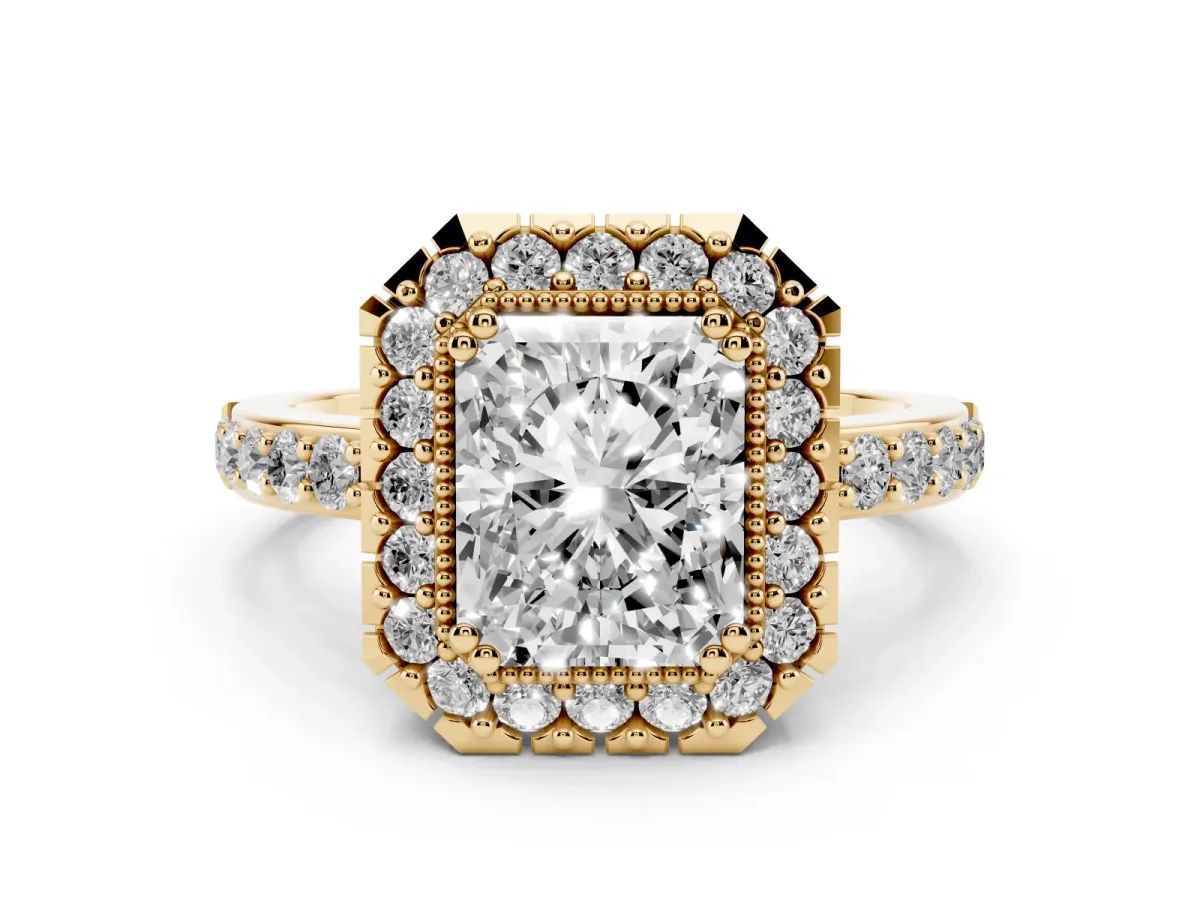 Radiant Cut Diamond Halo Ring with Pavé Band and Prong Setting Yellow gold