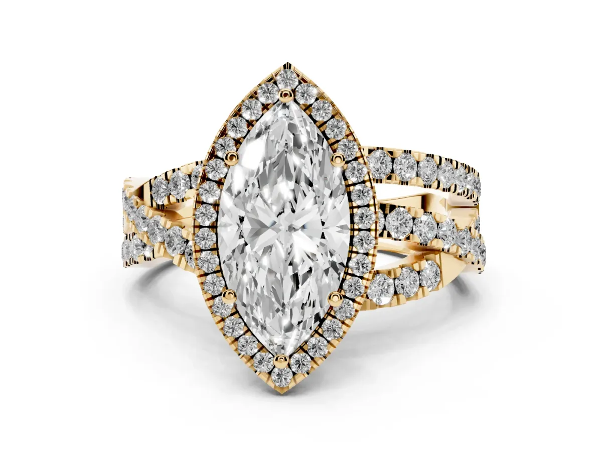 Marquise Cut Diamond Halo Ring with Round Split Shank and Prong Setting Yellow gold