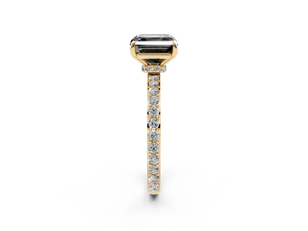 Fancy Black Asscher Cut Diamond Pavé Engagement Ring with Round Accents and Prong Setting Yellow gold