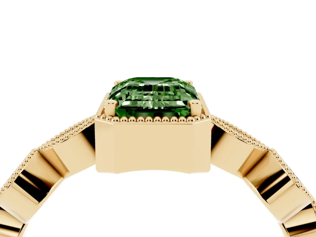 Fancy Green Emerald Cut Diamond Vintage Milgrain Ring with Round Stations Yellow gold